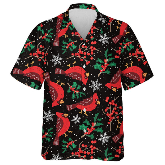 Watercolor Little Red Cardinal Bird With Holly Leaves Hawaiian Shirt, Hawaiian Shirt Gift, Christmas Gift
