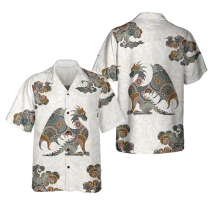Dragon Colorful Mandala Style White Backdrop Hawaiian Shirt,Hawaiian Shirt Gift, Christmas Gift