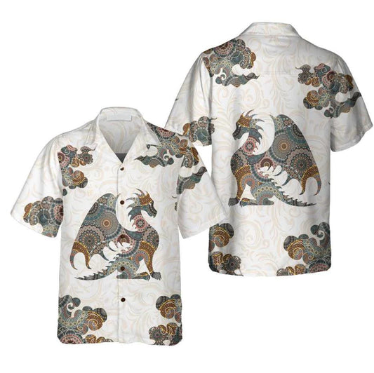 Dragon Colorful Mandala Style White Backdrop Hawaiian Shirt,Hawaiian Shirt Gift, Christmas Gift