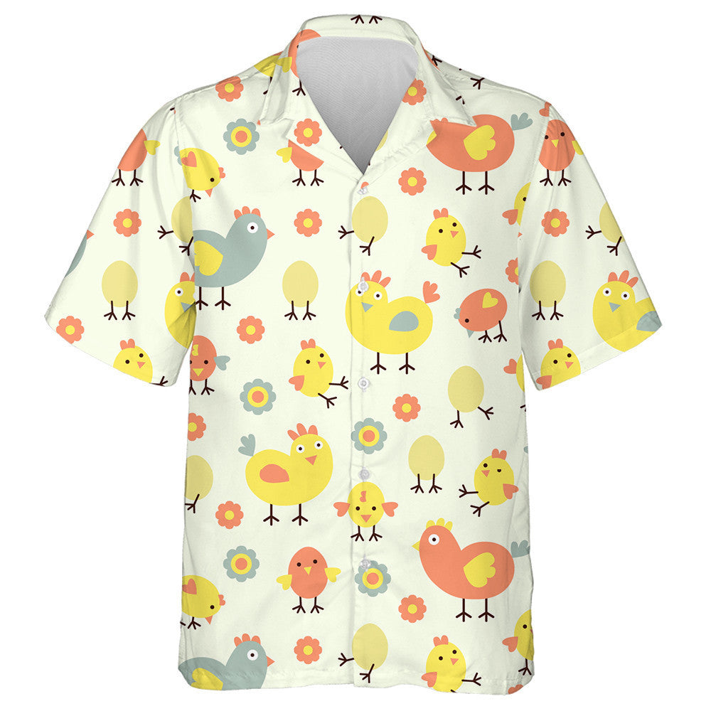 Funny Chicken With Egg And Flower On Beige Background Hawaiian Shirt, Hawaiian Shirt Gift, Christmas Gift