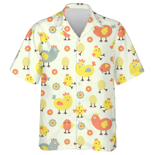 Funny Chicken With Egg And Flower On Beige Background Hawaiian Shirt, Hawaiian Shirt Gift, Christmas Gift
