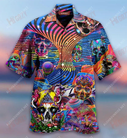 Crazy Skulls Get High Hippie Short Hawaiian Shirt Vacation Tropical Shirts Tactical Hawaiian Shirt Funny Hawaiian Shirts, Hawaiian Shirt Gift, Christmas Gift