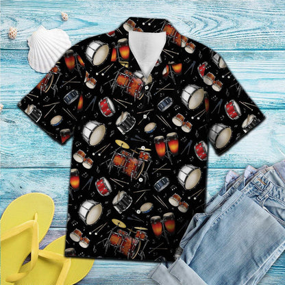 Retro Drum Set Studio In Black Hawaiian Shirt,Hawaiian Shirt Gift, Christmas Gift