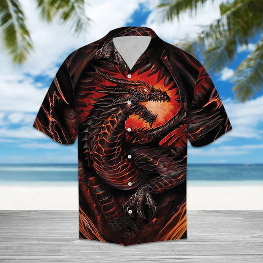 Mythical Dragon In Fire Pattern Hawaiian Shirt,Hawaiian Shirt Gift, Christmas Gift