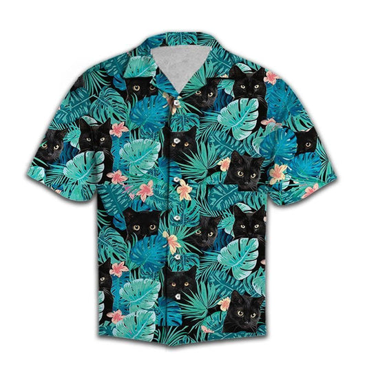 Cute Black Cat Hide In Tropical Leaves Pattern Hawaiian Shirt, Hawaiian Shirt Gift, Christmas Gift