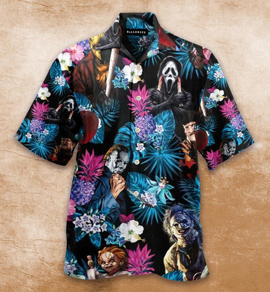 Horror Skull With Tropical Hibiscus Leaf Pattern Hawaiian Shirt, Hawaiian Shirt Gift, Christmas Gift