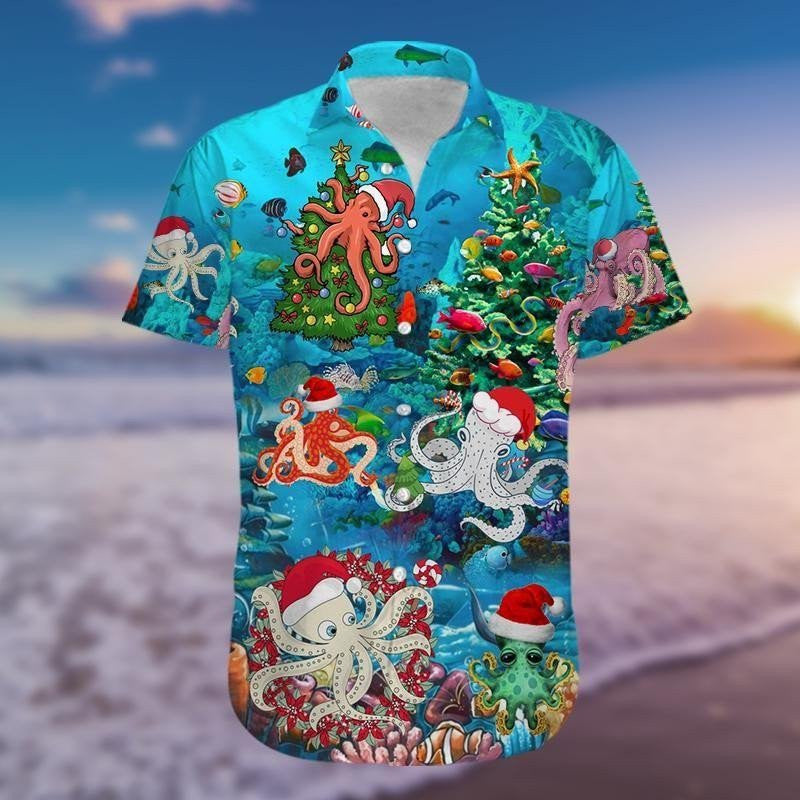 Funny Octopus Christmas Blue Theme Vintage Style Design Hawaiian Shirt, Hawaiian Shirt Gift, Christmas Gift