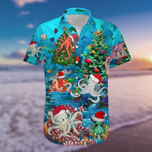 Funny Octopus Christmas Blue Theme Vintage Style Design Hawaiian Shirt, Hawaiian Shirt Gift, Christmas Gift