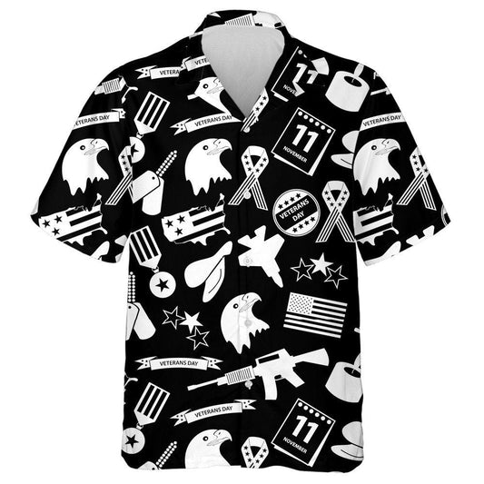 American Veterans Day Celebration Symbols In Black And White Hawaiian Shirt, Hawaiian Shirt Gift, Christmas Gift