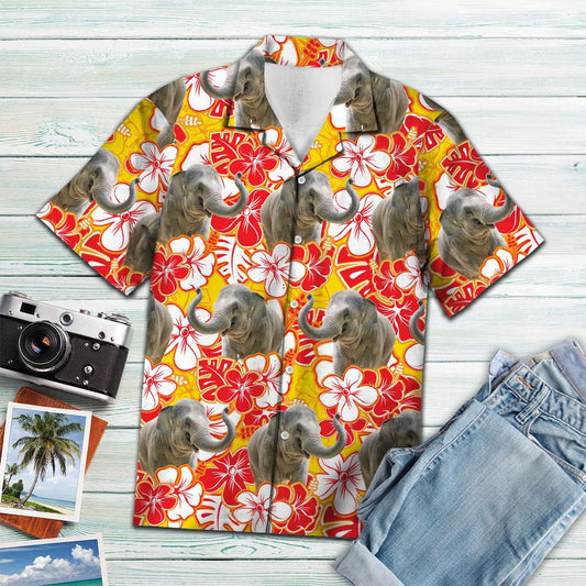 Playful Elephant Orange Tropical Hibiscus And Leaves Pattern Hawaiian Shirt, Hawaiian Shirt Gift, Christmas Gift