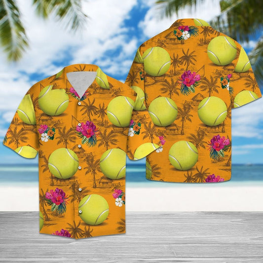 Cool Summer Tennis Ball On Tropical Flowers Pattern Hawaiian Shirt, Hawaiian Shirt Gift, Christmas Gift