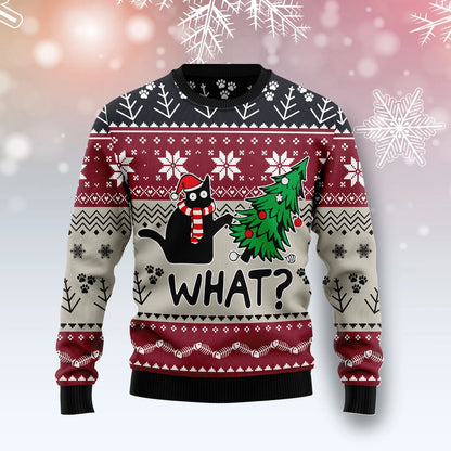 Christmas Cat What unisex womens & mens, couples matching, friends, cat lover, funny family ugly christmas holiday sweater gifts, Christmas Ugly Sweater