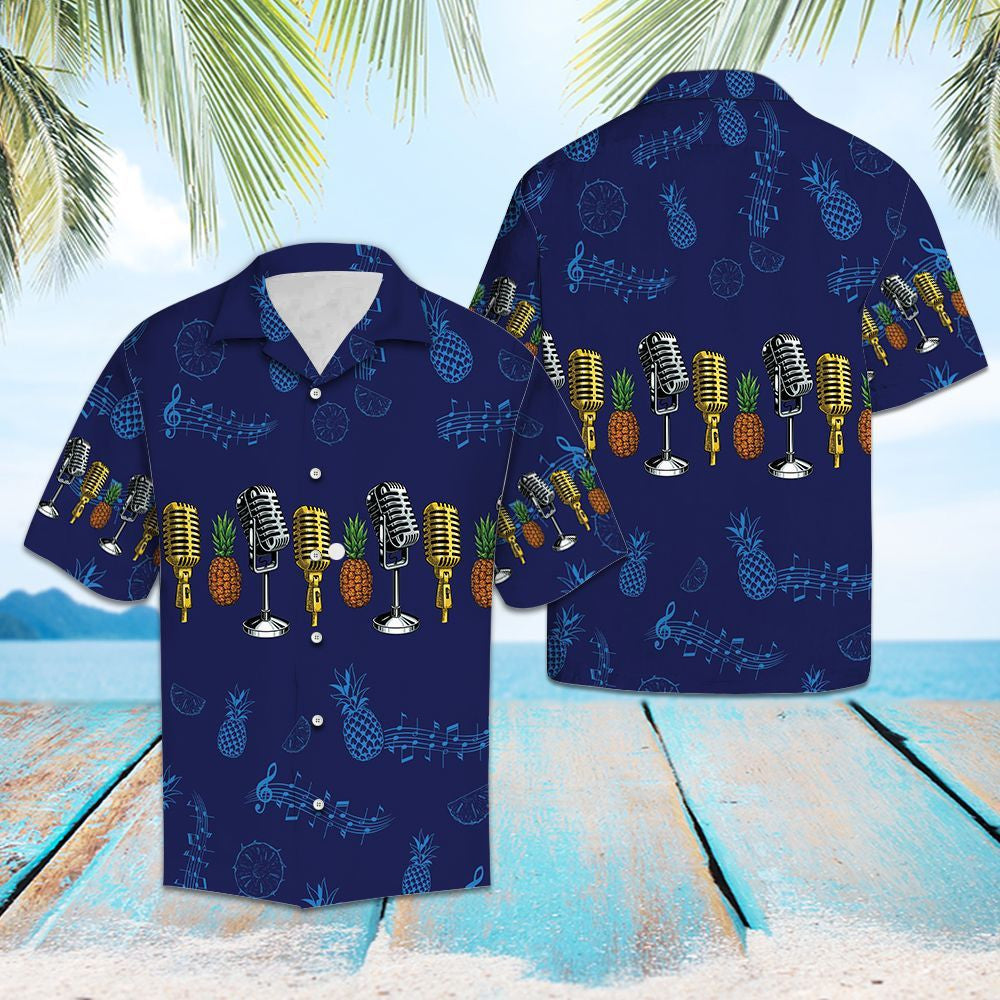 Hand Drawn Microphone Musical Instrument Pattern Hawaiian Shirt,Hawaiian Shirt Gift, Christmas Gift