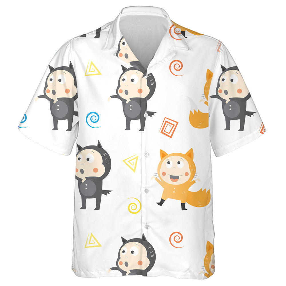 Cartoon Children In Suits Little Foxes And Wolves Hawaiian Shirt, Hawaiian Shirt Gift, Christmas Gift
