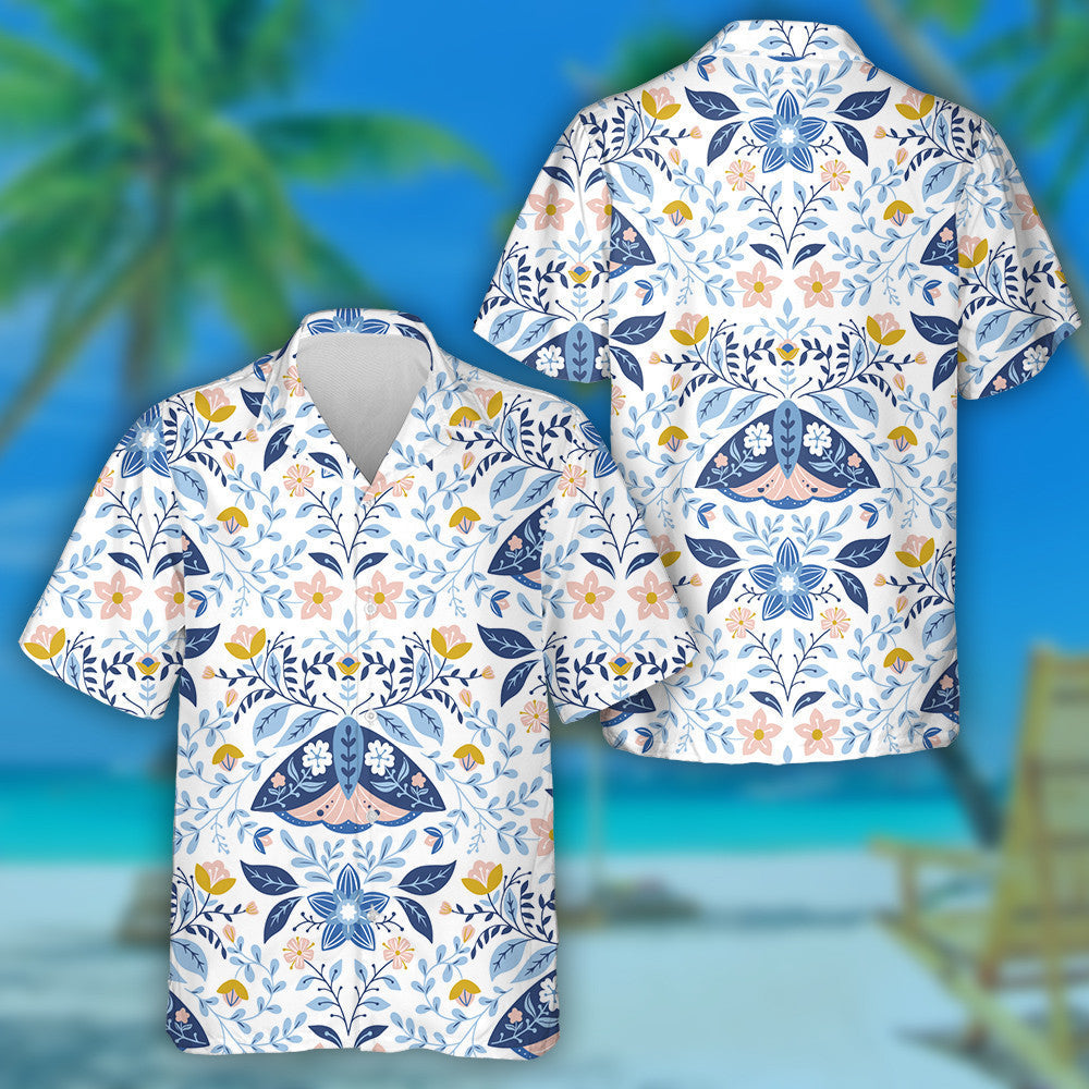 Theme Folk Art Moths And Flowers Hawaiian Shirt,Hawaiian Shirt Gift, Christmas Gift