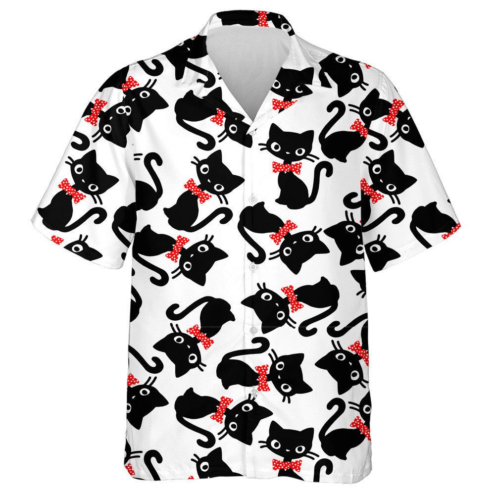 Cat With Red Bow Pet Cartoon Doodle Illustration Hawaiian Shirt, Hawaiian Shirt Gift, Christmas Gift