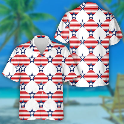 Rhombus Red Striped And Navy Star Patriotic Pattern Hawaiian Shirt, Hawaiian Shirt Gift, Christmas Gift