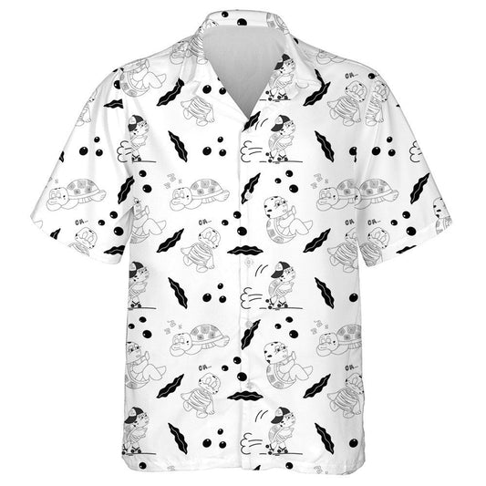 Black And White Cute Characters Of Turtles On Rollers Hawaiian Shirt, Hawaiian Shirt Gift, Christmas Gift