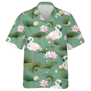 White Beautiful Flamingo With Lotus Pond Hawaiian Shirt, Hwaiian For Gift