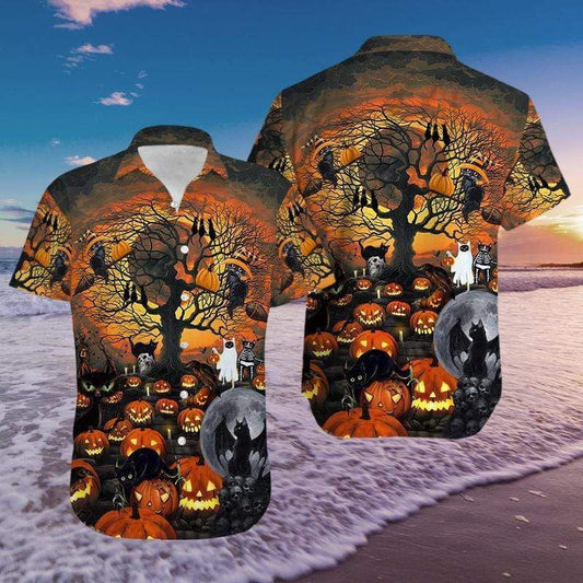 Black Cat Halloween And God Pumpkin Background Hawaiian Shirt, Hawaiian Shirt Gift, Christmas Gift