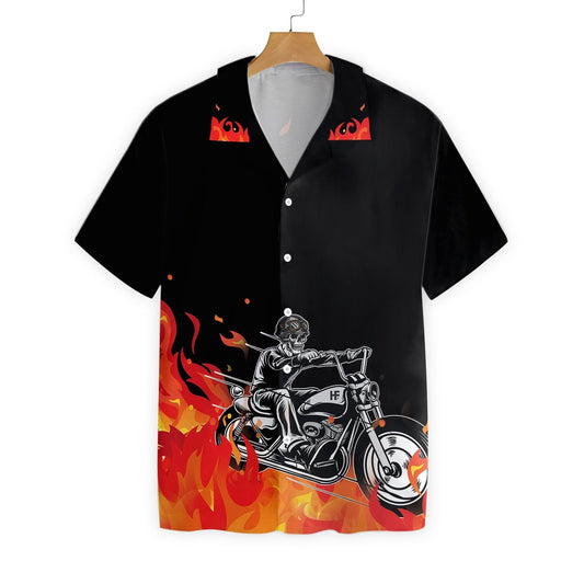 Motorbike Skull With Fire Pattern Black Theme Hawaiian Shirt, Hawaiian Shirt Gift, Christmas Gift