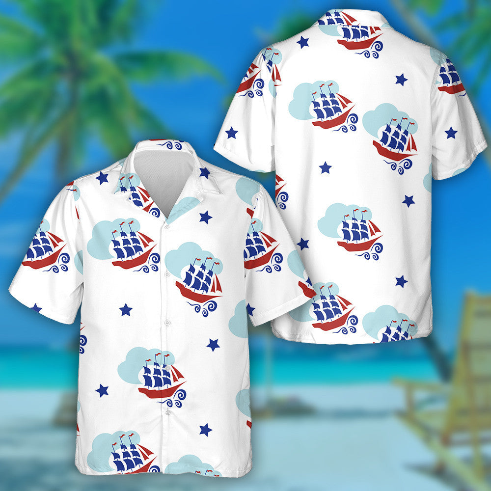 National Flag Colors Pattern With Sailboats Clouds And Stars Hawaiian Shirt, Hawaiian Shirt Gift, Christmas Gift