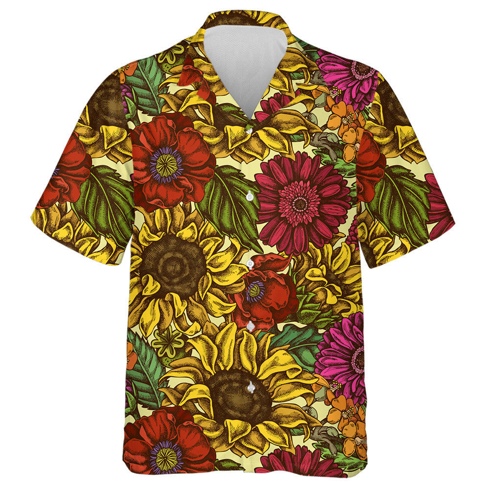 Hand Drawn Colored Poppy Flower Gerbera Sunflower Milkweed Hawaiian Shirt, Hawaiian Shirt Gift, Christmas Gift