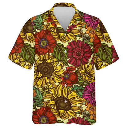 Hand Drawn Colored Poppy Flower Gerbera Sunflower Milkweed Hawaiian Shirt, Hawaiian Shirt Gift, Christmas Gift