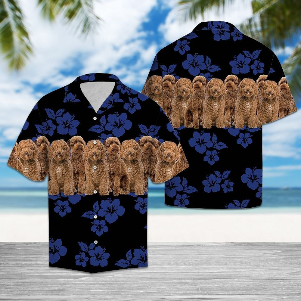 Labradoodle With Blue Hibiscus In Black Design Hawaiian Shirt, Hawaiian Shirt Gift, Christmas Gift