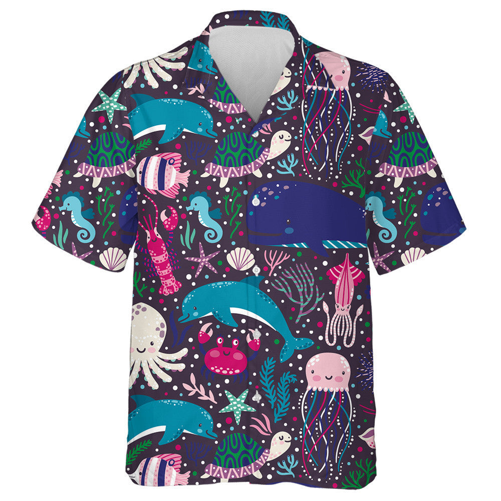 Cartoon Underwater Creatures Fishes Coral Reef Seaweed Pattern Hawaiian Shirt, Hawaiian Shirt Gift, Christmas Gift