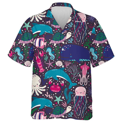 Cartoon Underwater Creatures Fishes Coral Reef Seaweed Pattern Hawaiian Shirt, Hawaiian Shirt Gift, Christmas Gift
