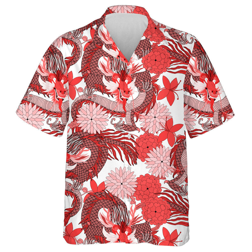 Fantasy Chinese Dragon Fan And Flowers Hawaiian Shirt,Hawaiian Shirt Gift, Christmas Gift