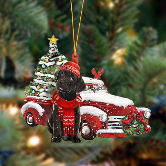 Chocolate Labrador-Christmas Car Two Sided Christmas Plastic Hanging Ornament, Christmas Gift, Christmas Decoration