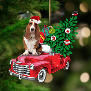 Basset Hound-Pine Truck Hanging Christmas Plastic Hanging Ornament, Christmas Ornament Gift, Christmas Gift, Christmas Decoration