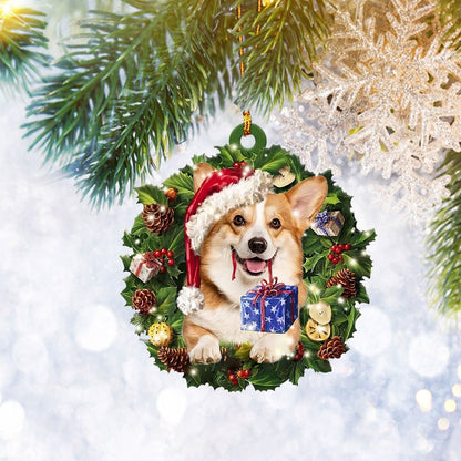 Corgi Wearing Christmas Wreath Flat Ornament, Dog Pet Lover Gifts, Christmas Tree Ornament, Home Decor Plastic Ornament, Pet Dog Lover Gifts, Christmas Tree Ornament, Home Decor Plastic Ornament, Christmas Gift, Christmas Decoration