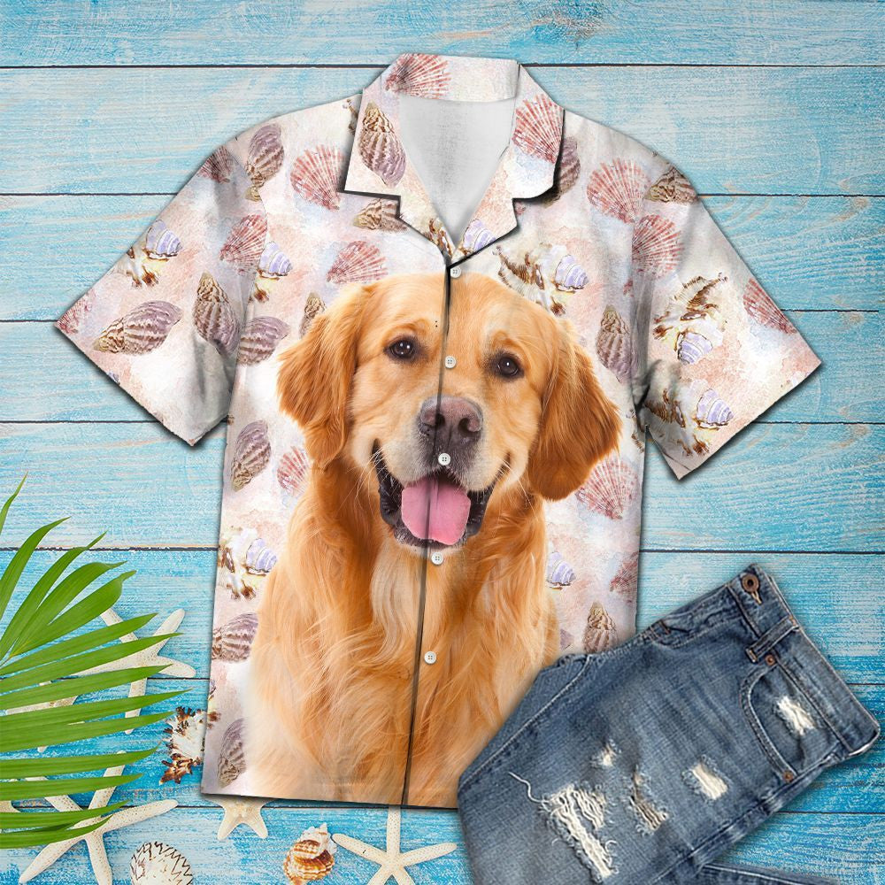 Summer Beach Seashells And Cute Golden Retriever Portrait Hawaiian Shirt, Hawaiian Shirt Gift, Christmas Gift
