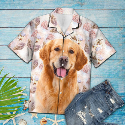 Summer Beach Seashells And Cute Golden Retriever Portrait Hawaiian Shirt, Hawaiian Shirt Gift, Christmas Gift