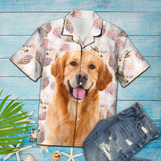 Summer Beach Seashells And Cute Golden Retriever Portrait Hawaiian Shirt, Hawaiian Shirt Gift, Christmas Gift