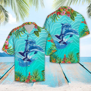 A Couple Of Dolphin Love Summer Vacation Themed Pattern Hawaiian Shirt, Hawaiian Shirt Gift, Christmas Gift