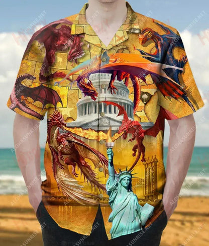 Conquer The World With Your Dragons America Unisex Hawaiian Shirt Vacation Short Sleeve Tactical Hawaiian Shirt Hawaiian Shirt Pattern, Hawaiian Shirt Gift, Christmas Gift