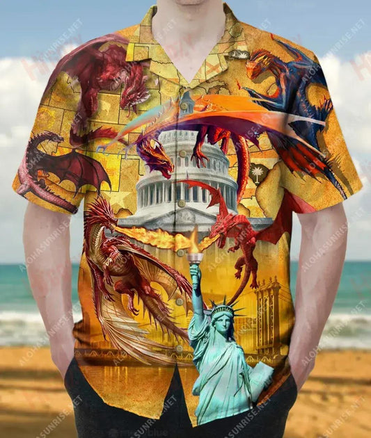 Conquer The World With Your Dragons America Unisex Hawaiian Shirt Vacation Short Sleeve Tactical Hawaiian Shirt Hawaiian Shirt Pattern, Hawaiian Shirt Gift, Christmas Gift