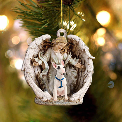 Bull Terrier (4)-Angel Hug Winter Love Two Sided Christmas Plastic Hanging Ornament, Happy Christmas Ornament, Christmas Gift, Christmas Decoration