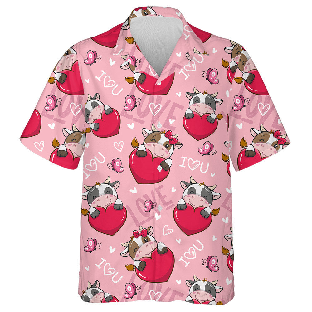 Cute Cartoon Valentine Love Cow And Big Heart Hawaiian Shirt, Hawaiian Shirt Gift, Christmas Gift