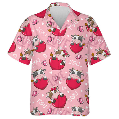 Cute Cartoon Valentine Love Cow And Big Heart Hawaiian Shirt, Hawaiian Shirt Gift, Christmas Gift