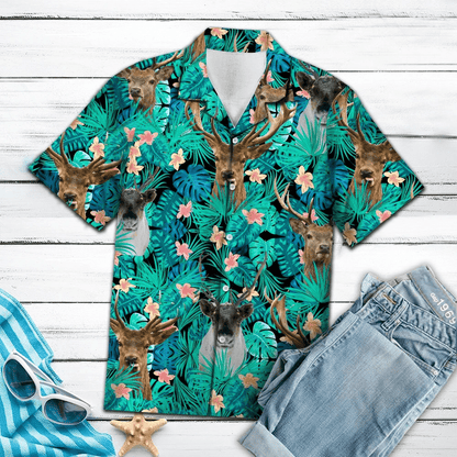 Reindeer Behind Tropical Leave Pattern Hawaiian Shirt,Hawaiian Shirt Gift, Christmas Gift