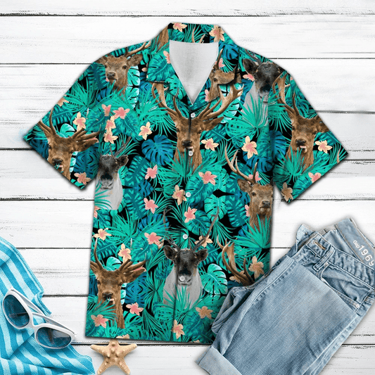 Reindeer Behind Tropical Leave Pattern Hawaiian Shirt,Hawaiian Shirt Gift, Christmas Gift