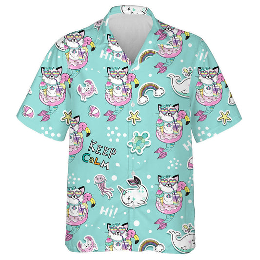 Beautiful Cat Mermaid With A Circle Of A Flamingo Hawaiian Shirt, Hawaiian Shirt Gift, Christmas Gift
