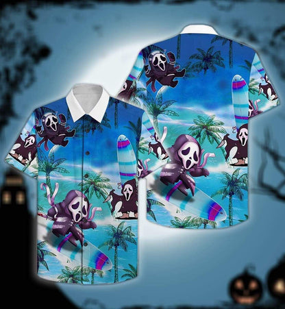 Halloween Funny Ghost Face Surfing Tropical Island Background Hawaiian Shirt, Hawaiian Shirt Gift, Christmas Gift