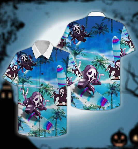 Halloween Funny Ghost Face Surfing Tropical Island Background Hawaiian Shirt, Hawaiian Shirt Gift, Christmas Gift