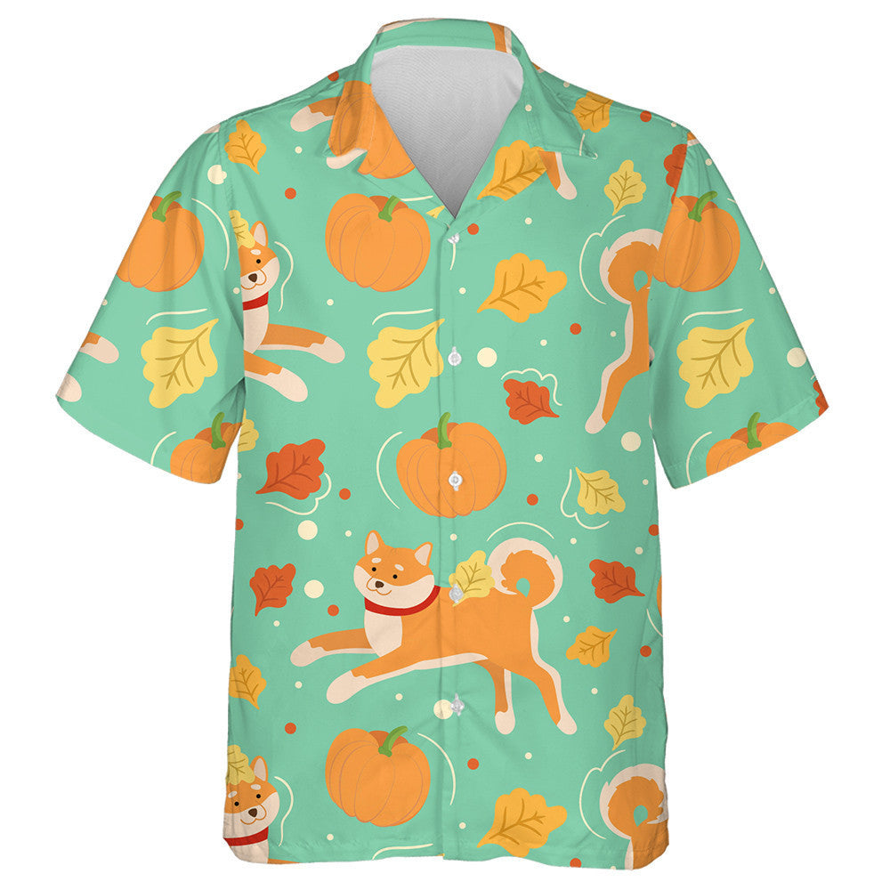 Cartoon Shiba Inu Dog And Pumpkins Isolated Background Hawaiian Shirt, Hawaiian Shirt Gift, Christmas Gift